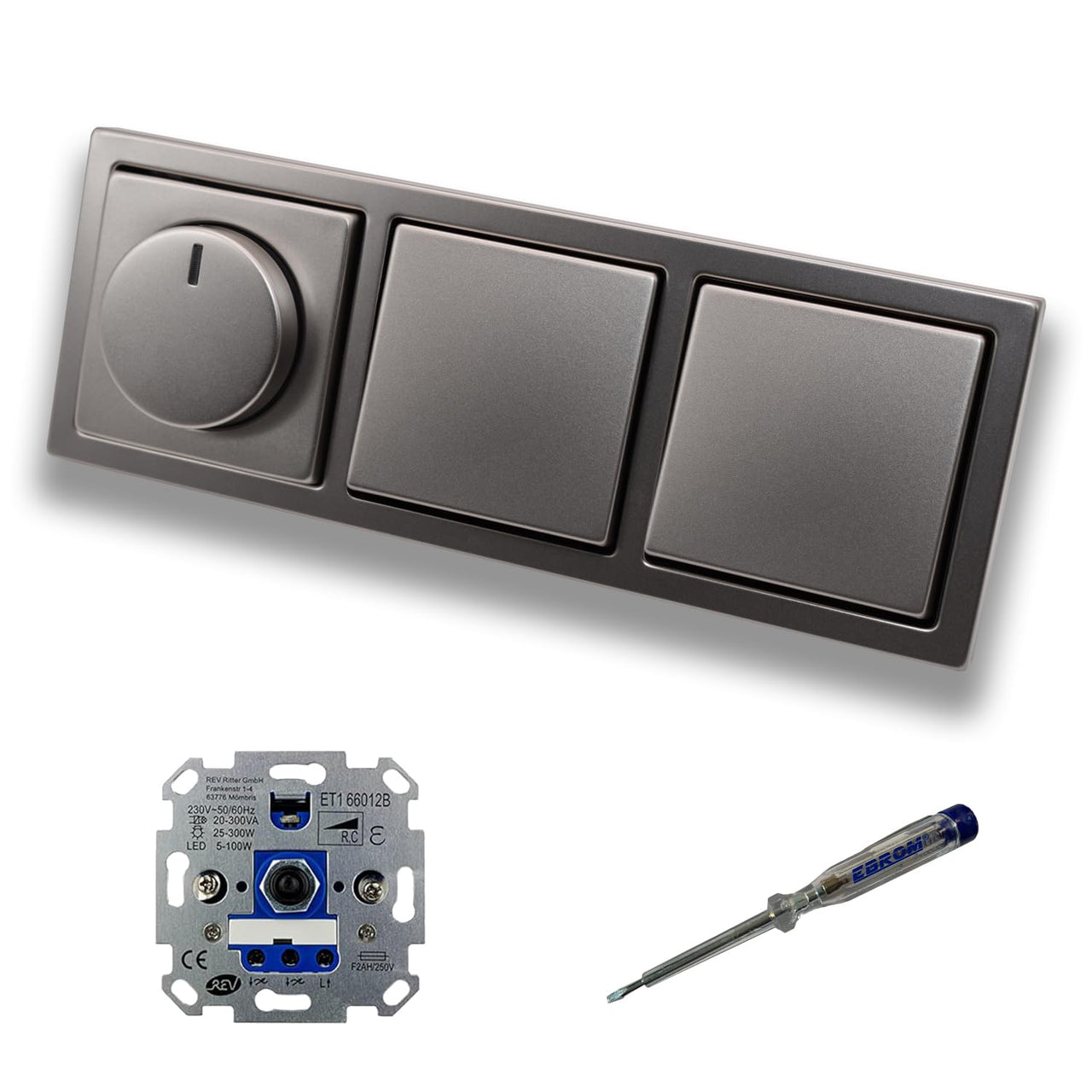 REV Ritter LED Drehdimmer Dimmer + Busch Jäger Dimmerscheibe 6540-866-102 und 2 x Lichtschalter 2000/6 US in PUR Edelstahl inklusive EBROM Phasenprüfer zur Montage der Geräte ET1 66012B