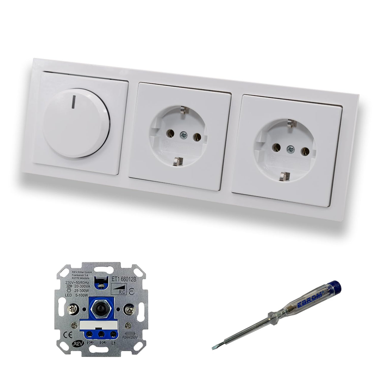 REV Ritter LED Drehdimmer Dimmer + Busch Jäger Dimmerscheibe 6540-84-102 + 2 x Steckdose mit Kinderschutz 20EUCKS-84 Future Linear Studioweiß glänzend + EBROM Phasenprüfer zur Montage der Geräte