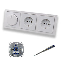 REV Ritter LED Drehdimmer Dimmer + Busch Jäger Dimmerscheibe 6540-84-102 und 2 x Steckdose 20EUC-84 in Future Linear Studioweiß glänzend inklusive EBROM Phasenprüfer zur Montage der Geräte ET1 66012B
