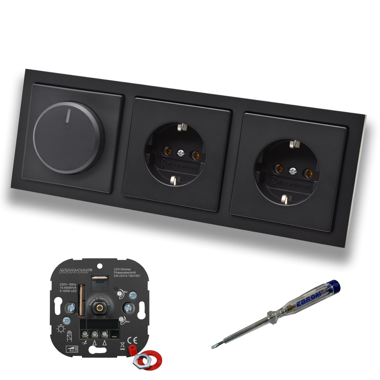 EBROM 1001 LED Drehdimmer Dimmer + Busch Jäger Dimmerscheibe 6540-885-102 und 2 x Steckdose 20EUC-885 in Future Linear Schwarz matt inklusive EBROM Phasenprüfer zur Montage der Geräte