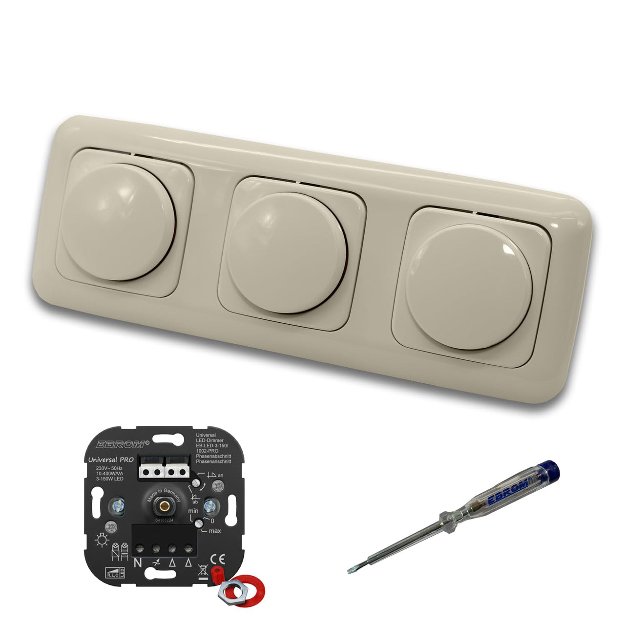 EBROM 1002 Universal PRO (3 Stück) LED Drehdimmer Dimmer + Busch Jäger Dimmerscheiben 2115-212 in DURO2000 cremeweiß glänzend im 3-fach Rahmen inkl. EBROM Phasenprüfer zur Montage der Geräte