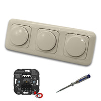 EBROM 1002 Universal PRO (3 Stück) LED Drehdimmer Dimmer + Busch Jäger Dimmerscheiben 2115-212 in DURO2000 cremeweiß glänzend im 3-fach Rahmen inkl. EBROM Phasenprüfer zur Montage der Geräte