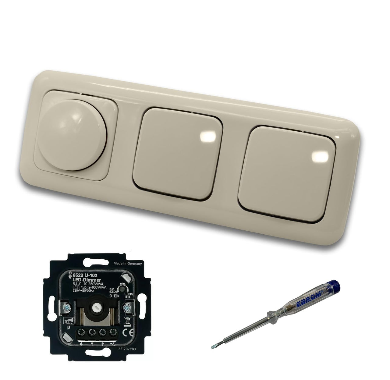 Busch Jäger 6523U-102 LED Drehdimmer Dimmer + Dimmerscheibe 2115-212 und 2 x Kreuzschalter 2000/7 US in DURO2000 cremeweiß glänzend inklusive EBROM Phasenprüfer zur Montage der Geräte 6523 U – 102