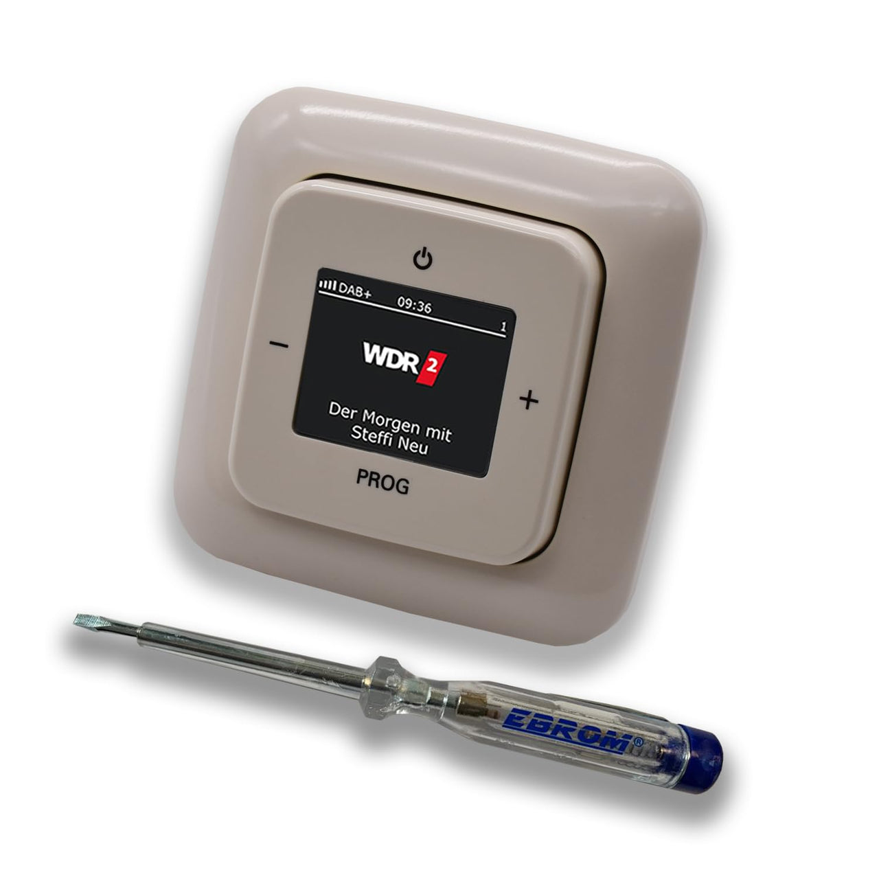 Busch Jäger DAB+ (DAB PLUS) Unterputz Radio (8215U-101) DURO2000 cremeweiß, Komplett-Set 8215 U – 101, Rahmen und Radioabdeckung inkl. EBROM Phasenprüfer zur Montage des Geräts