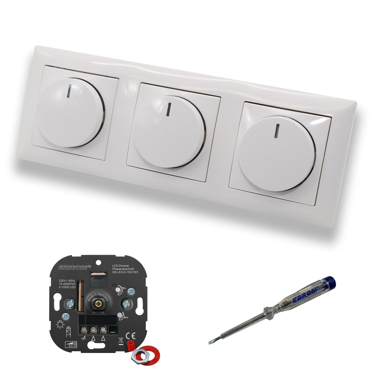 EBROM 1001 (3 Stück) LED Drehdimmer Dimmer + Busch Jäger Dimmerscheiben 2115-914 in BalanceSi alpinweiß glänzend im 3-fach Rahmen inkl. EBROM Phasenprüfer zur Montage der Geräte