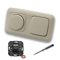 EBROM 1002 Universal PRO LED Drehdimmer Dimmer + Busch Jäger Dimmerscheibe 2115-212 und Lichttaster 2020 US in DURO2000 cremeweiß glänzend inklusive EBROM Phasenprüfer zur Montage der Geräte