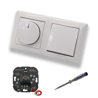 EBROM 1001 LED Drehdimmer Dimmer + Busch Jäger Dimmerscheibe 2115-914 und Lichttaster 2020 US in Balance Si alpinweiß glänzend inklusive EBROM Phasenprüfer zur Montage der Geräte