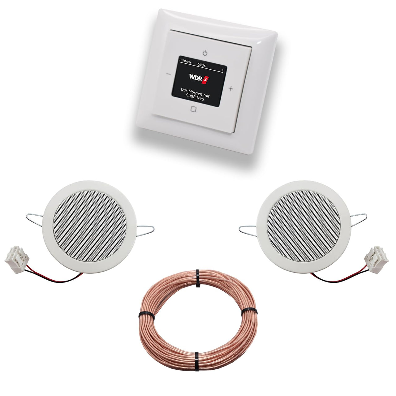 Busch Jäger DAB+ (DAB PLUS) Unterputz Radio 8215U-101 Balance SI Alpinweiß, Komplett-Set mit 2 x Deckenlautsprecher Einbaulautsprecher + 20 Meter Lautsprecherkabel 2x0,75 mm2 8215 U - 101