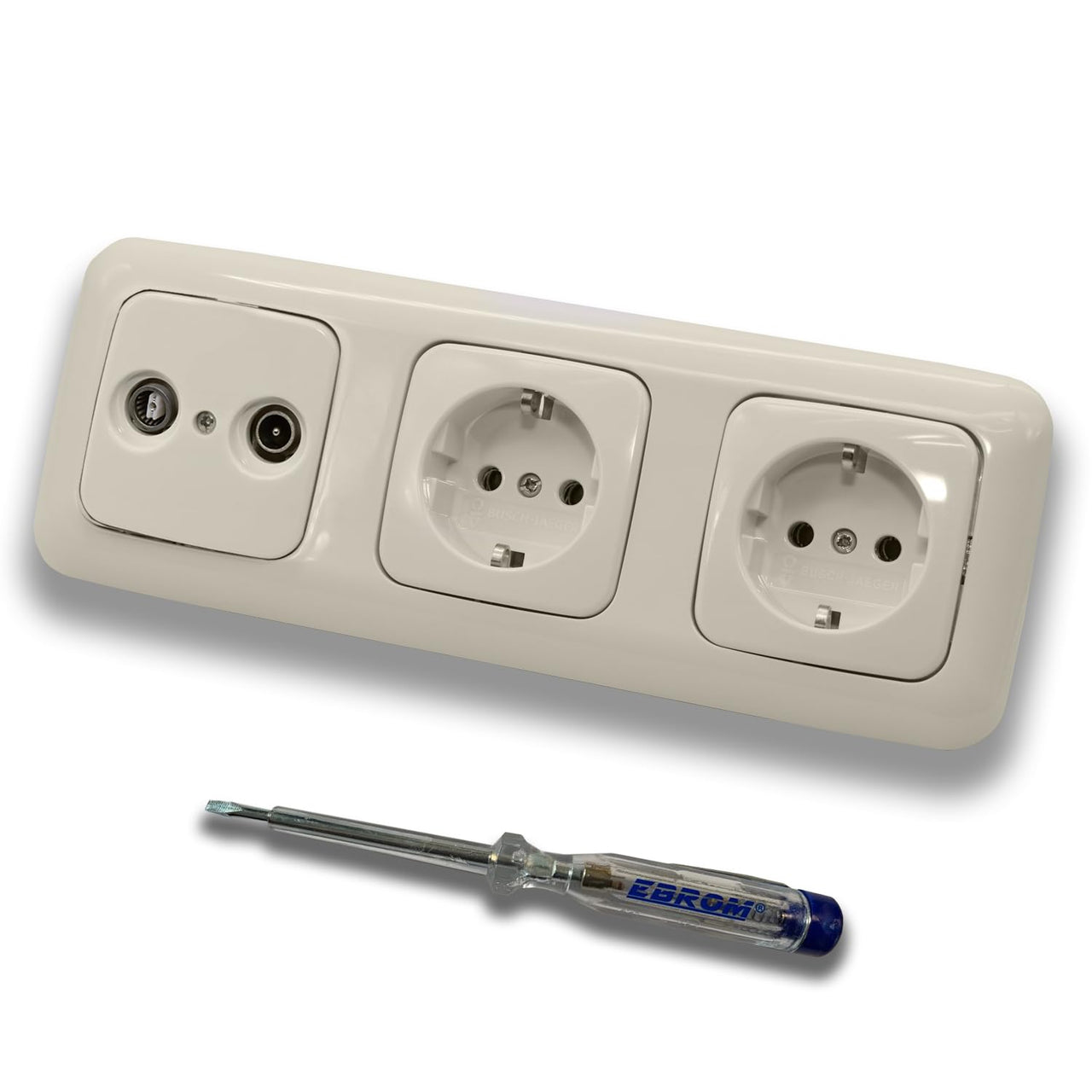 Busch Jäger SET: 2-Loch Durchgangsdose, Frequenz 5-2400 MHz, Radio/TV/SAT-Kompatibilität inkl. DURO2000 cremeweiß 3fach Rahmen + 2 x Steckdose 20 EUC-212 + EBROM Phasenprüfer zur Montage der Geräte