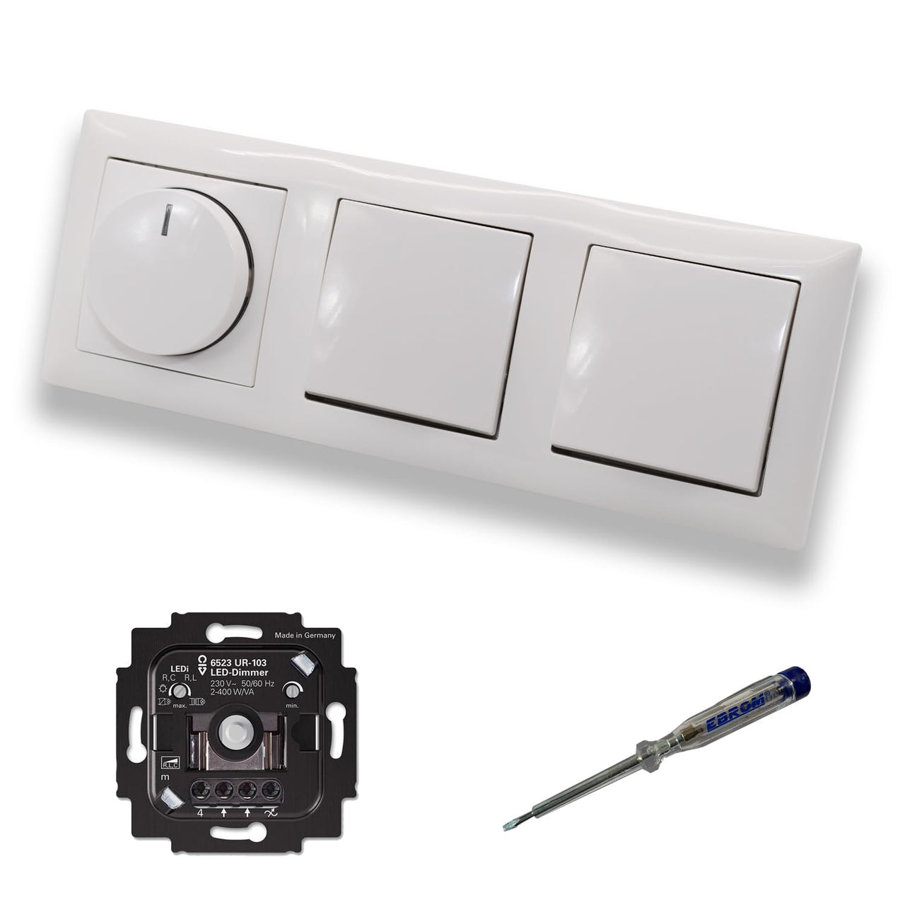 Busch Jäger 6523UR-103 LED Drehdimmer Dimmer + Dimmerscheibe 2115-914 und 2 x Lichttaster 2020 US in Balance Si alpinweiß glänzend inklusive EBROM Phasenprüfer zur Montage der Geräte 6523 UR-103