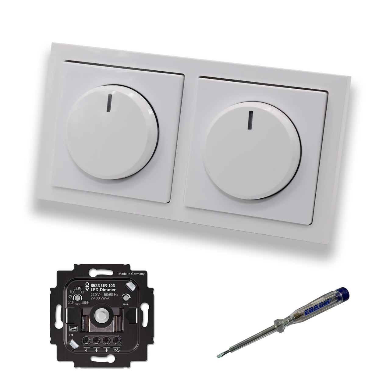 Busch Jäger 6523UR-103 (2 Stück) LED Drehdimmer Dimmer + Dimmerscheiben 6540-84-102 in Future Linear Studioweiß glänzend im 2-fach Rahmen + EBROM Phasenprüfer zur Montage der Geräte 6523 UR-103
