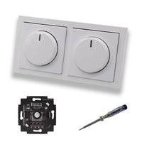 Busch Jäger 6523UR-103 (2 Stück) LED Drehdimmer Dimmer + Dimmerscheiben 6540-84-102 in Future Linear Studioweiß glänzend im 2-fach Rahmen + EBROM Phasenprüfer zur Montage der Geräte 6523 UR-103