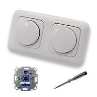 REV Ritter (2 Stück) LED Drehdimmer Dimmer + Busch Jäger Dimmerscheiben 2115-214 in ReflexSi alpinweiß glänzend im 2-fach Rahmen inkl. EBROM Phasenprüfer zur Montage der Geräte ET1 66012B