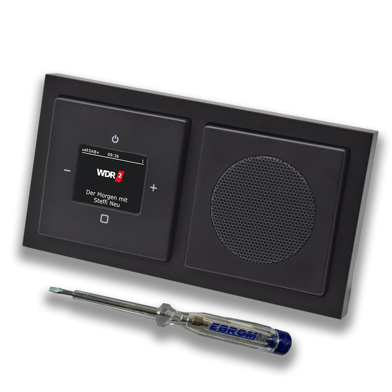 Busch Jäger DAB+ (DAB PLUS) Unterputz Radio 8215U-101 Future Anthrazit, Komplett-Set mit Lautsprecher, Abdeckungen, Rahmen + EBROM Phasenprüfer zur Montage d. Geräte - 8215 U – 101