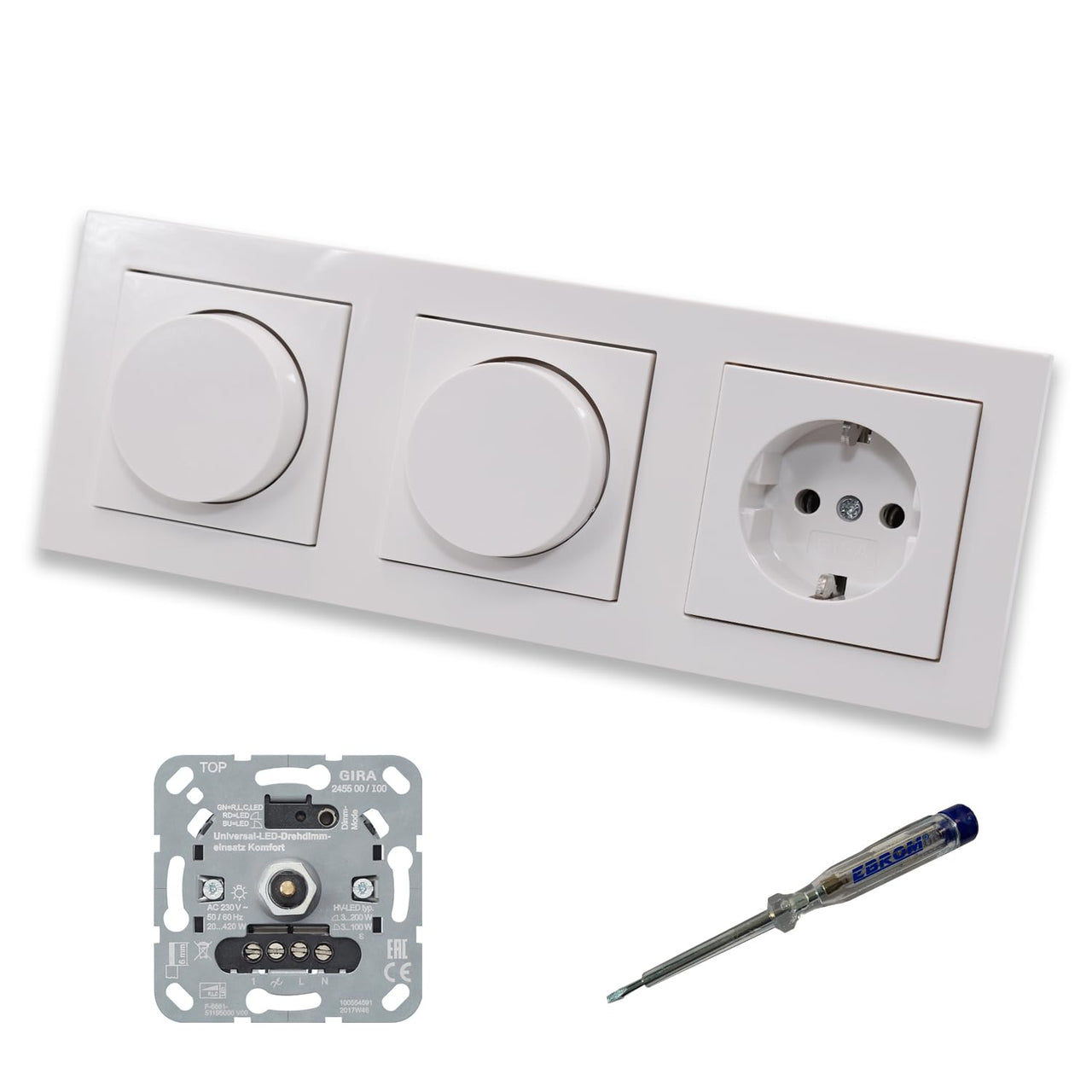 GIRA 245500 (2 x) LED Drehdimmer Dimmer + Dimmerscheiben Zentralscheiben 065003 und Steckdose 418803 in Gira E2 reinweiß glänzend inklusive EBROM Phasenprüfer zur Montage der Geräte