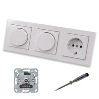 GIRA 245500 (2 x) LED Drehdimmer Dimmer + Dimmerscheiben Zentralscheiben 065003 und Steckdose 418803 in Gira E2 reinweiß glänzend inklusive EBROM Phasenprüfer zur Montage der Geräte