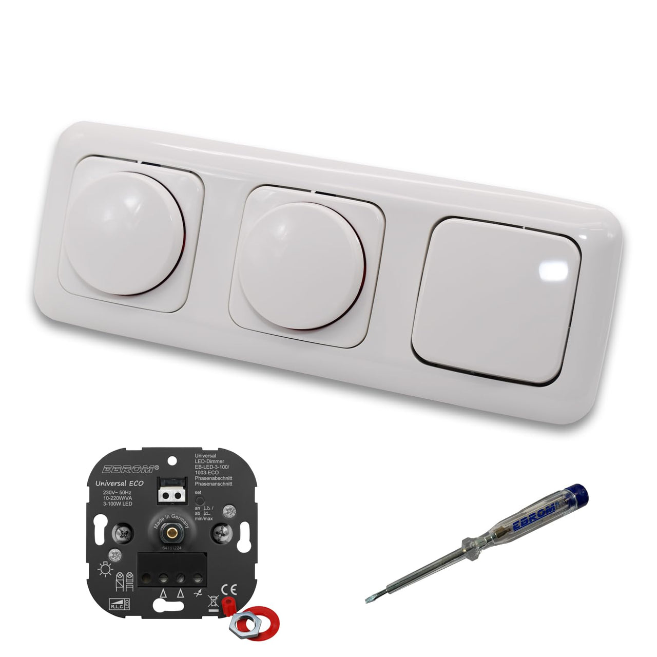 EBROM 1003 Universal ECO (2 x) LED Drehdimmer Dimmer + Busch Jäger Dimmerscheiben 2115-214 und Lichtschalter 2000/6 US in Reflex Si alpinweiß glänzend inklusive EBROM Phasenprüfer zur Montage d.Geräte