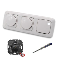 EBROM 1003 Universal ECO (2 x) LED Drehdimmer Dimmer + Busch Jäger Dimmerscheiben 2115-214 und Lichttaster 2020 US in Reflex Si alpinweiß glänzend inklusive EBROM Phasenprüfer zur Montage der Geräte