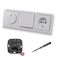 EBROM 1001 LED Drehdimmer Dimmer + Busch Jäger Dimmerscheibe 6540-84-102 + Lichtschalter 2000/6US + Steckdose 20EUC-84 Future Linear Studioweiß glänzend + EBROM Phasenprüfer z. Montage der Geräte