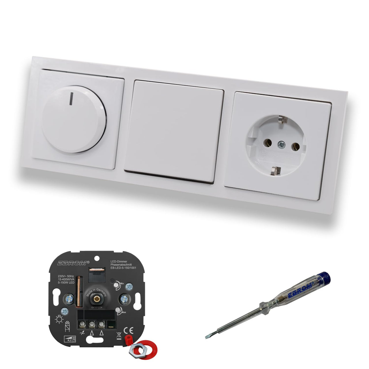 EBROM 1001 LED Drehdimmer Dimmer + Busch Jäger Dimmerscheibe 6540-84-102 + Taster 2020US + Steckdose mit Kinderschutz 20EUCKS-84 Future Linear Studioweiß + EBROM Phasenprüfer z. Montage der Geräte