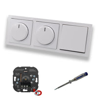 EBROM 1001 (2 x) LED Drehdimmer Dimmer + Busch Jäger Dimmerscheiben 6540-84-102 und Kreuzschalter 2000/7 US in Future Linear Studioweiß glänzend inklusive EBROM Phasenprüfer zur Montage der Geräte
