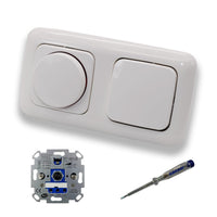 REV Ritter LED Drehdimmer Dimmer + Busch Jäger Dimmerscheibe 2115-214 und Lichttaster 2020 US in Reflex Si alpinweiß glänzend inklusive EBROM Phasenprüfer zur Montage der Geräte ET1 66012B