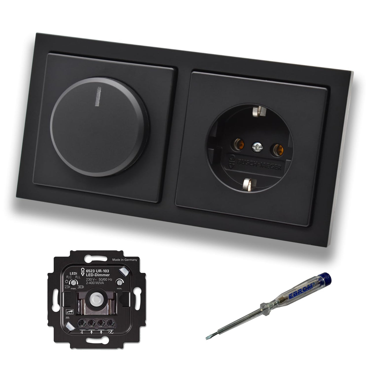 Busch Jäger 6523UR-103 LED Drehdimmer Dimmer + Dimmerscheibe 6540-885-102 und Steckdose 20EUC-885 in Future Linear schwarz matt inklusive EBROM Phasenprüfer zur Montage der Geräte 6523 UR-103