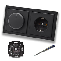 Busch Jäger 6523UR-103 LED Drehdimmer Dimmer + Scheibe 6540-885-102 + Steckdose mit Kinderschutz 20EUCKS-885 in Future Linear schwarz matt + EBROM Phasenprüfer zur Montage der Geräte 6523 UR-103