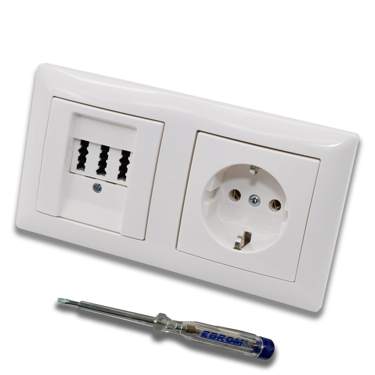 Busch Jäger Set: Unterputz Telefondose von EBROM, TAE 3x6 NFN für 1 Telefon und 2 Zusatzgeräte in BalanceSi alpinweiß, Rahmen und Steckdose 20EUC-914 + EBROM Phasenprüfer zur Montage der Geräte