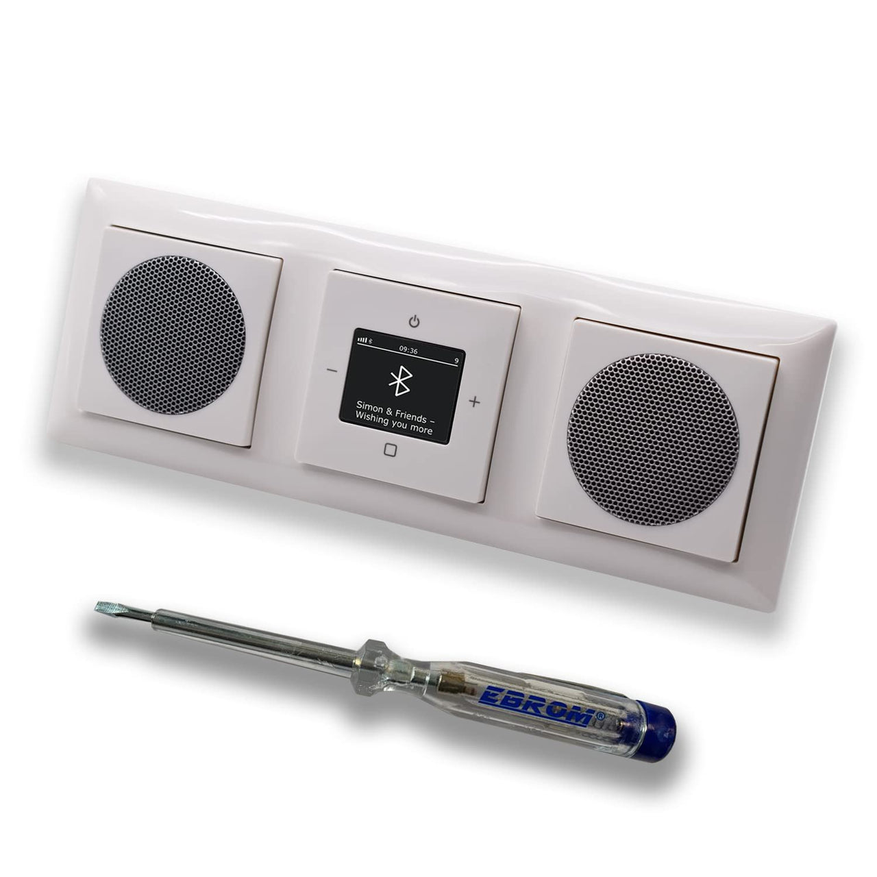 Busch Jäger DAB+ Unterputz Bluetooth (in and out) Radio 8217U-101 Balance SI alpinweiß, Komplett-Set mit 2 x Lautsprecher, Abdeckungen, Rahmen + EBROM Phasenprüfer z. Montage der Geräte - 8217 U – 101
