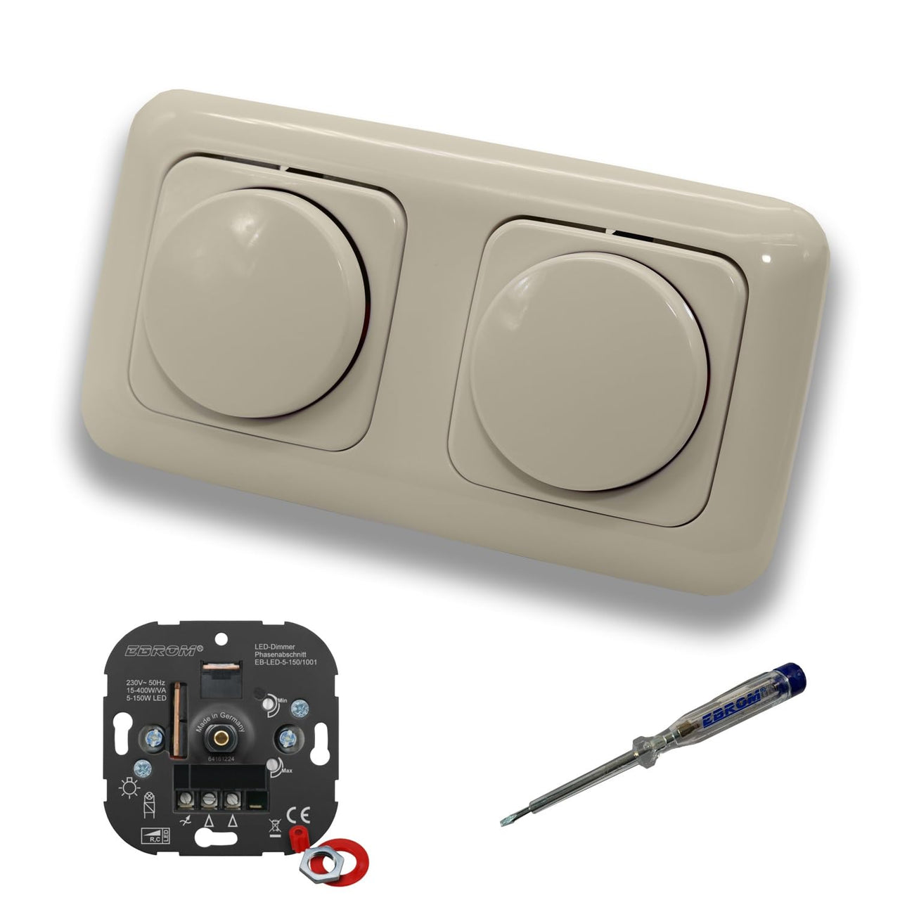 EBROM 1001 (2 Stück) LED Drehdimmer Dimmer + Busch Jäger Dimmerscheiben 2115-212 in DURO2000 cremeweiß glänzend im 2-fach Rahmen inkl. EBROM Phasenprüfer zur Montage der Geräte