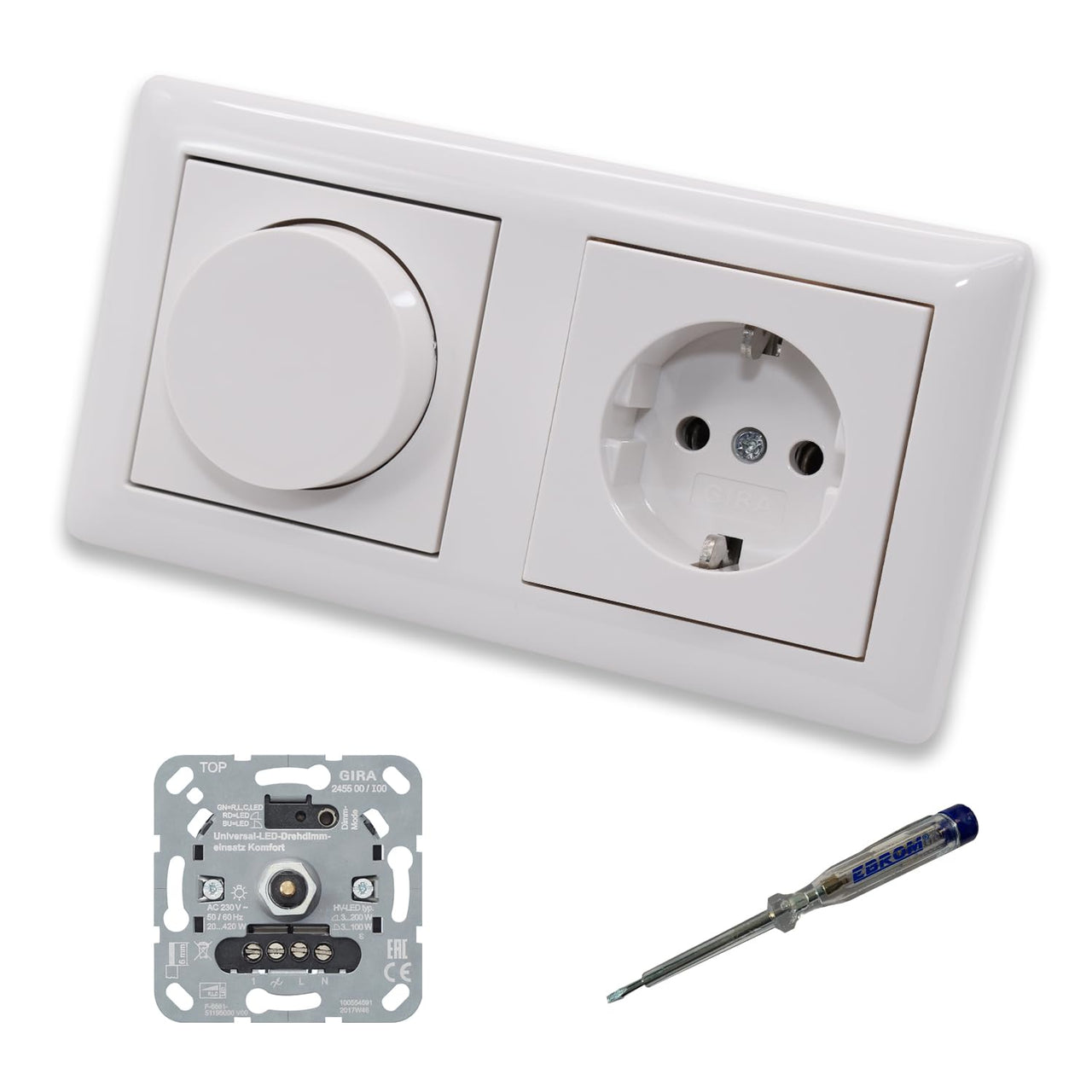 GIRA 245500 LED Drehdimmer Dimmer + Dimmerscheibe Zentralscheibe 065003 und Steckdose 418803 in System55 reinweiß glänzend inklusive EBROM Phasenprüfer zur Montage der Geräte