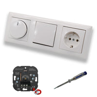 EBROM 1001 LED Drehdimmer Dimmer + Busch Jäger Dimmerscheibe 2115-914 + Taster 2020US + Steckdose 20EUC-914 Balance Si alpinweiß glänzend + EBROM Phasenprüfer z. Montage der Geräte