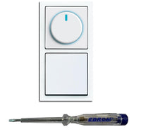 Busch Jäger 6523U-102 LED Drehdimmer Dimmer + Scheibe 6540-84-102 und Lichtschalter 2000/6 US in Future Linear Studioweiß glänzend inklusive EBROM Phasenprüfer zur Montage der Geräte (6523 U – 102)