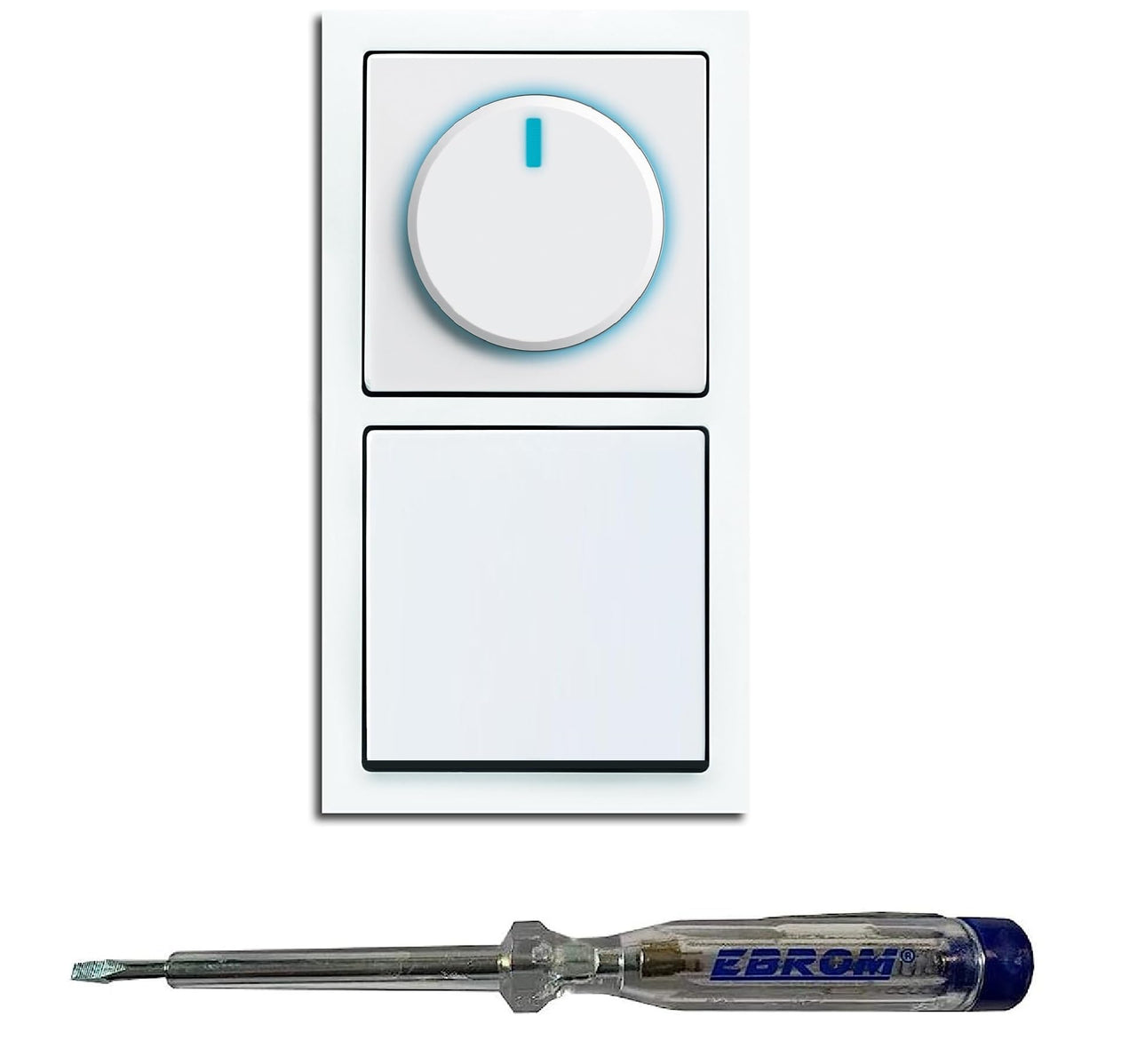 Busch Jäger 6523U-102 LED Drehdimmer Dimmer + Scheibe 6540-84-102 und Kreuzschalter 2000/7 US in Future Linear Studioweiß glänzend inklusive EBROM Phasenprüfer zur Montage der Geräte (6523 U – 102)