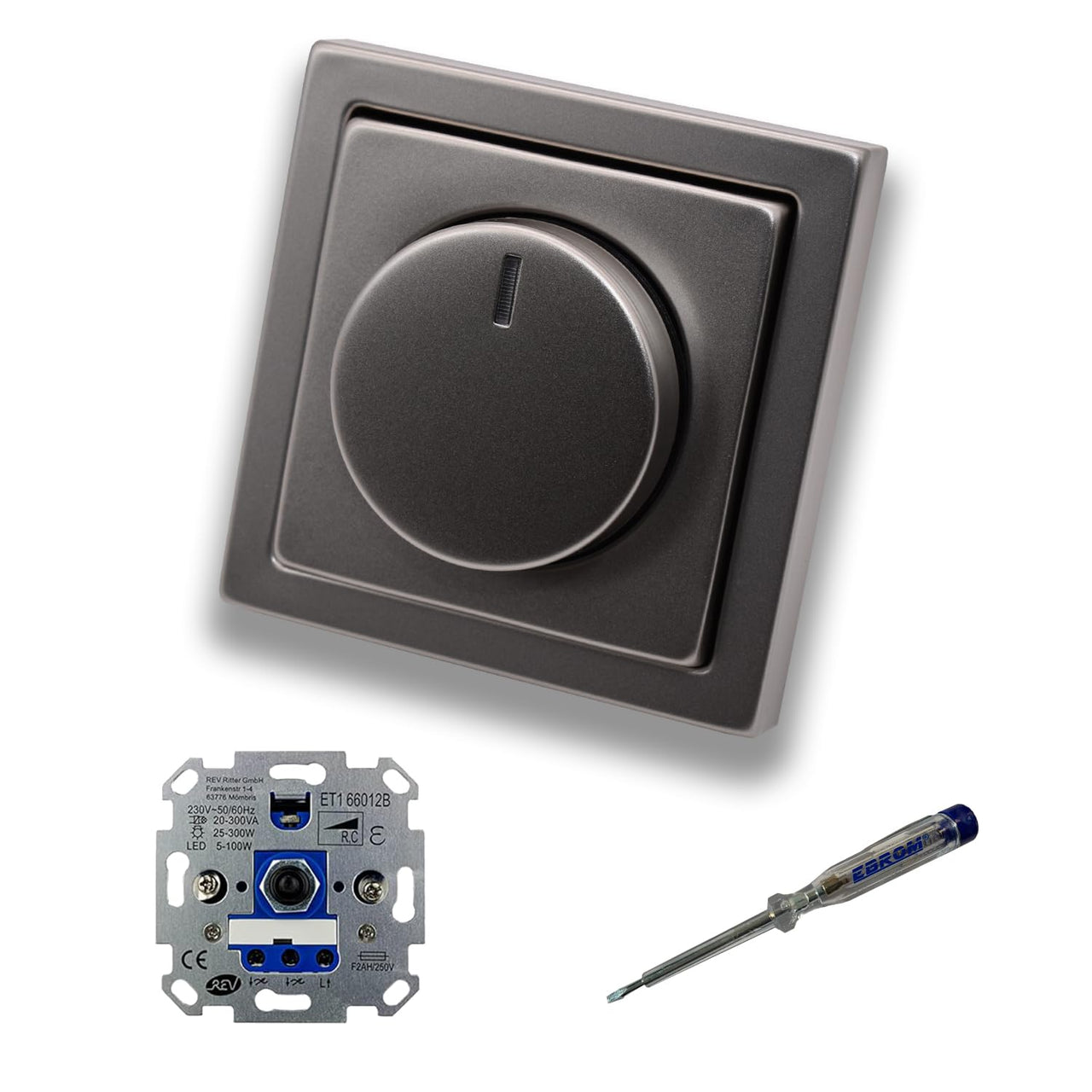 REV Ritter LED Drehdimmer LED-Dimmer mit Busch Jäger Dimmerscheibe Zentralplatte 6540-866-102 Einfachrahmen in PUR Edelstahl inklusive EBROM Phasenprüfer z. Montage des Dimmers ET1 66012B