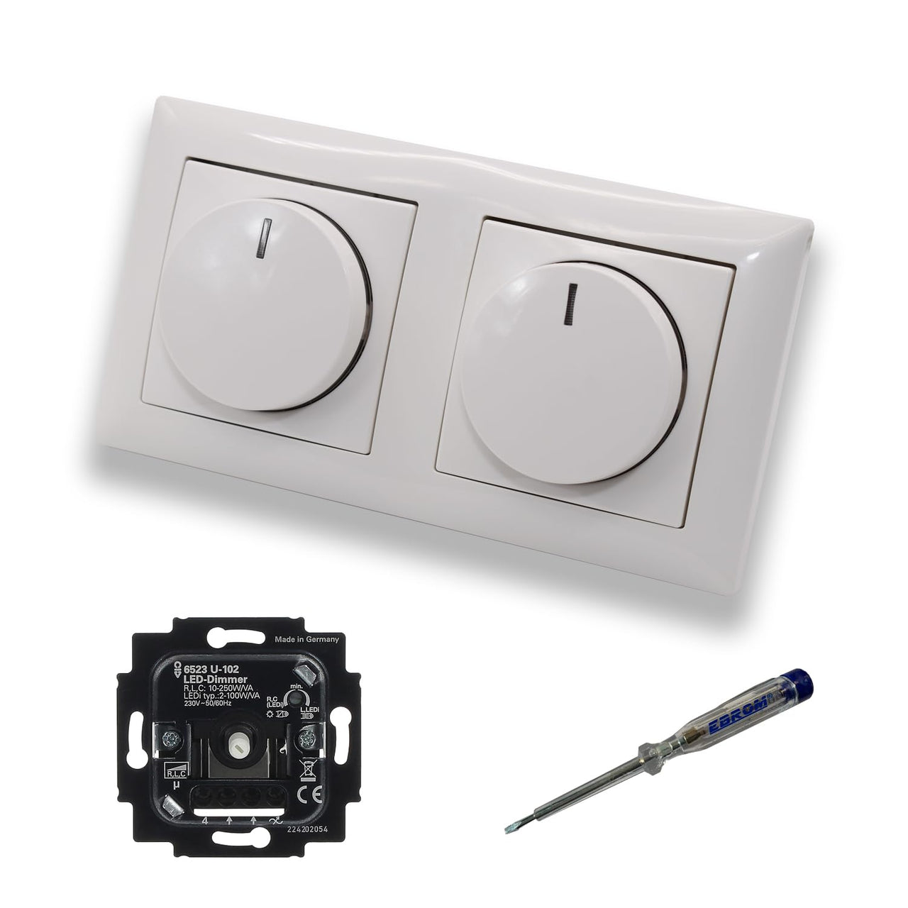 Busch Jäger 6523U-102 (2 Stück) LED Drehdimmer Dimmer + Dimmerscheiben 2115-914 in BalanceSi alpinweiß glänzend im 2-fach Rahmen inkl. EBROM Phasenprüfer zur Montage der Geräte 6523 U - 102
