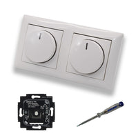 Busch Jäger 6523U-102 (2 Stück) LED Drehdimmer Dimmer + Dimmerscheiben 2115-914 in BalanceSi alpinweiß glänzend im 2-fach Rahmen inkl. EBROM Phasenprüfer zur Montage der Geräte 6523 U - 102