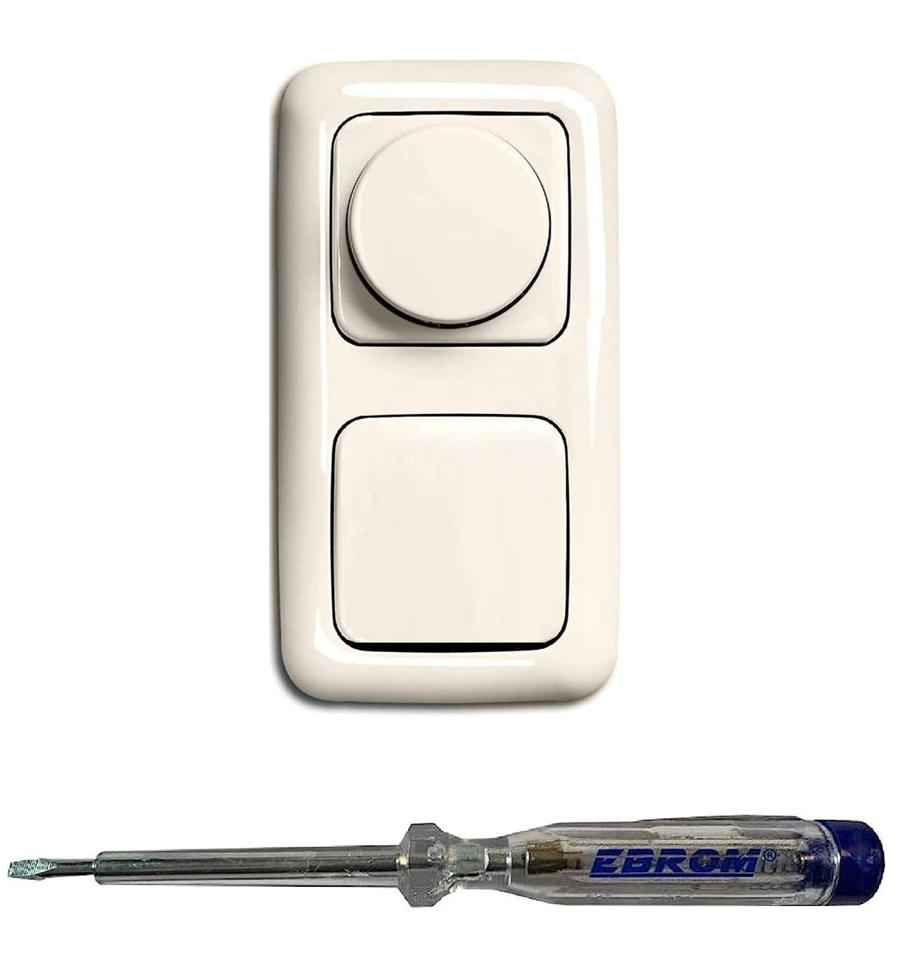Busch Jäger 6523U-102 LED Drehdimmer Dimmer + Dimmerscheibe 2115-212 und Lichtschalter 2000/6 US in DURO2000 cremeweiß glänzend inklusive EBROM Phasenprüfer zur Montage der Geräte (6523 U – 102)