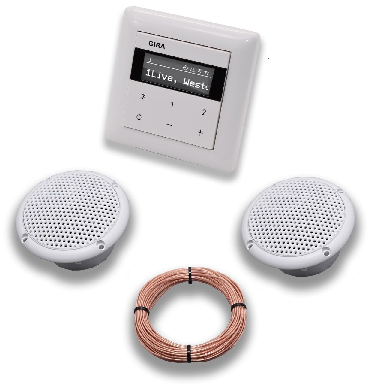 Gira Unterputz IP Internetradio 232003 + Bluetooth Komplett-SET System 55, reinweiß glänzend + 2 x Deckenlautsprecher Einbaulautsprecher (Feuchtraum/Badezimmer) + 20 Meter Lautsprecherkabel 2x0,75 mm