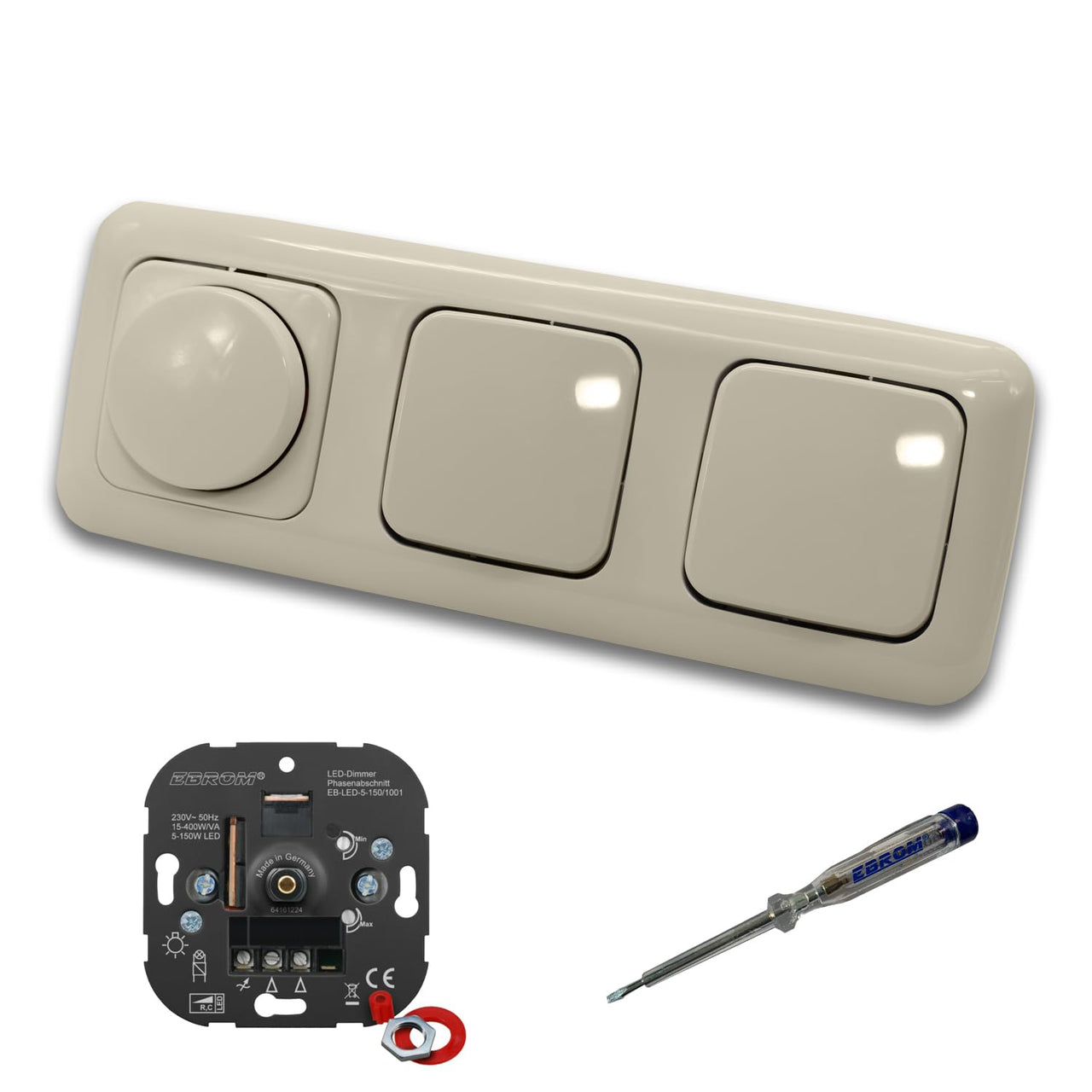 EBROM 1001 LED Drehdimmer Dimmer + Busch Jäger Dimmerscheibe 2115-212 und 2 x Lichttaster 2020 US in DURO2000 cremeweiß glänzend inklusive EBROM Phasenprüfer zur Montage der Geräte