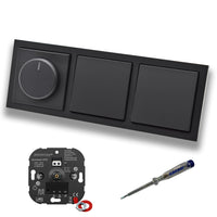 EBROM 1003 Universal ECO LED Drehdimmer Dimmer + Busch Jäger Dimmerscheibe 6540-885-102 und 2 x Kreuzschalter 2000/7 US in Future Linear Schwarz matt + EBROM Phasenprüfer zur Montage der Geräte