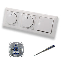 REV Ritter (2 x) LED Drehdimmer Dimmer + Busch Jäger Dimmerscheiben 2115-914 und Lichttaster 2020 US in Balance Si alpinweiß glänzend inklusive EBROM Phasenprüfer zur Montage der Geräte ET1 66012B