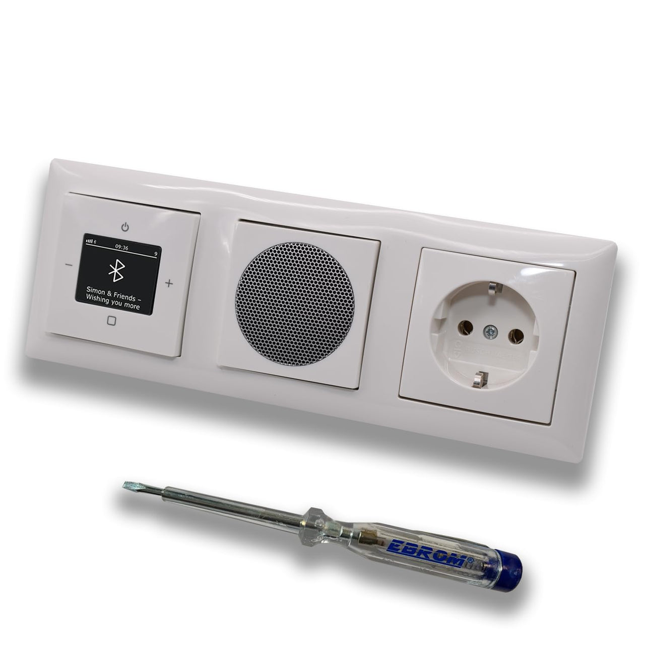 Busch Jäger DAB+ Unterputz Bluetooth (in and out) Radio 8217U-101 Balance SI alpinweiß, Komplett-Set mit Lautsprecher, Abdeckungen, Steckdose, Rahmen + EBROM Phasenprüfer z. Montage der Geräte 8217U