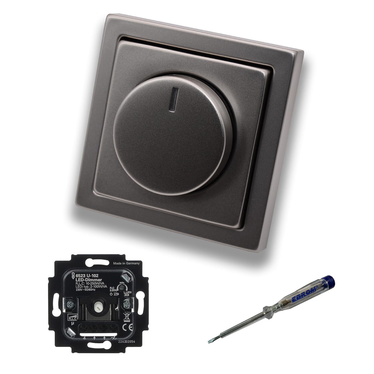 Busch Jäger 6523U-102 LED-Drehdimmer LED-Dimmer mit Dimmerscheibe Zentralplatte 6540-866-102 Einfachrahmen in PUR Edelstahl inklusive EBROM Phasenprüfer z. Montage des Dimmers 6523 U – 102