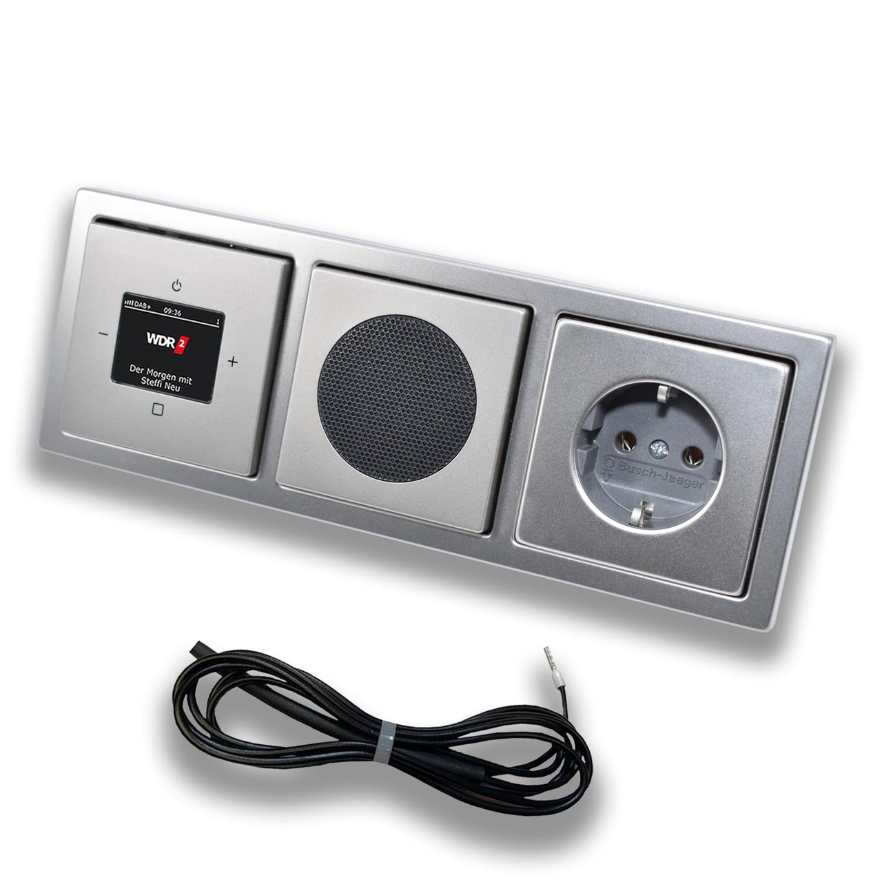 Busch Jäger DAB+ (DAB PLUS) Unterputz Radio 8215U-101 PUR Edelstahl, Set mit Lautsprecher, Abdeckungen, Steckdose, Rahmen + 0,9 m EBROM Wurfantenne zur Empfangsoptimierung - 8215 U – 101
