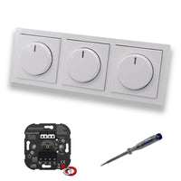 EBROM 1002 Universal PRO (3 Stück) LED Drehdimmer Dimmer + Busch Jäger Dimmerscheiben 6540-84-102 in Future Linear Studioweiß glänzend im 3-fach Rahmen inkl. EBROM Phasenprüfer zur Montage der Geräte