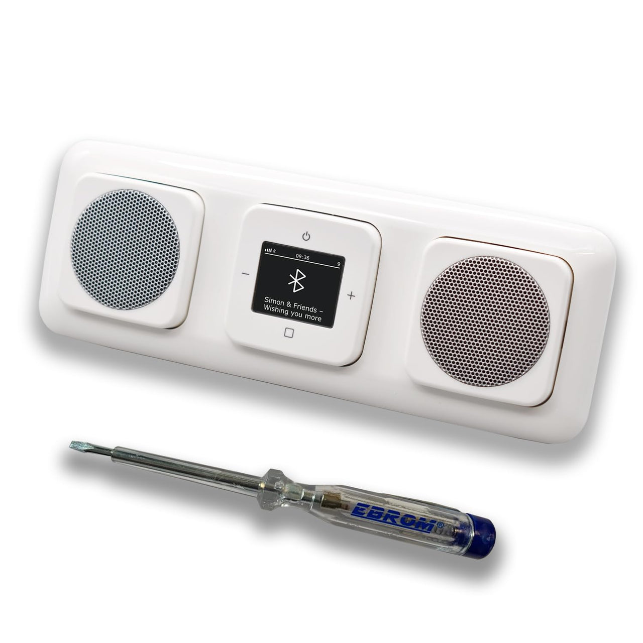 Busch Jäger DAB+ Unterputz Bluetooth (in and out) Radio 8217U-101 Reflex SI alpinweiß, Komplett-Set mit 2 x Lautsprecher, Abdeckungen, Rahmen + EBROM Phasenprüfer zur Montage der Geräte - 8217 U – 101