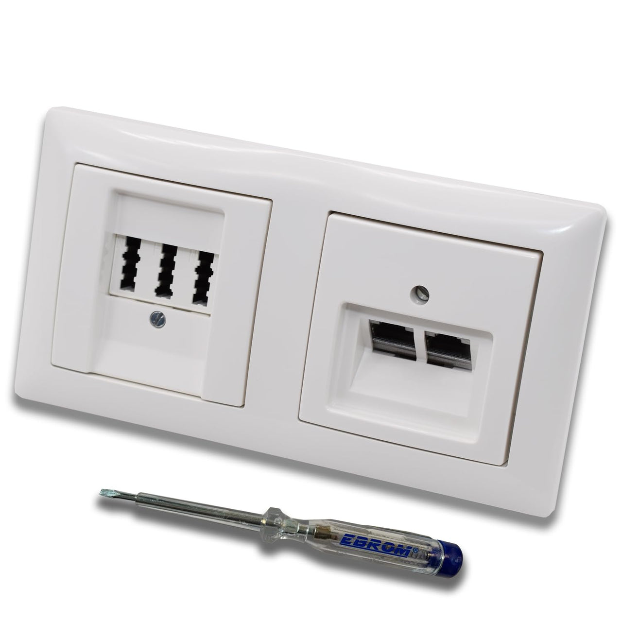 Busch Jäger, Rutenbeck Unterputz Netzwerkdose 10 Gigabit/S (10GbE) KAT6A 6A 2xRJ45 Anschluss + EBROM Telefon TAE 3x6 NFN Dose im BJ BalanceSi alpinweiß Design + EBROM Phasenprüfer z. Montage d. Geräte