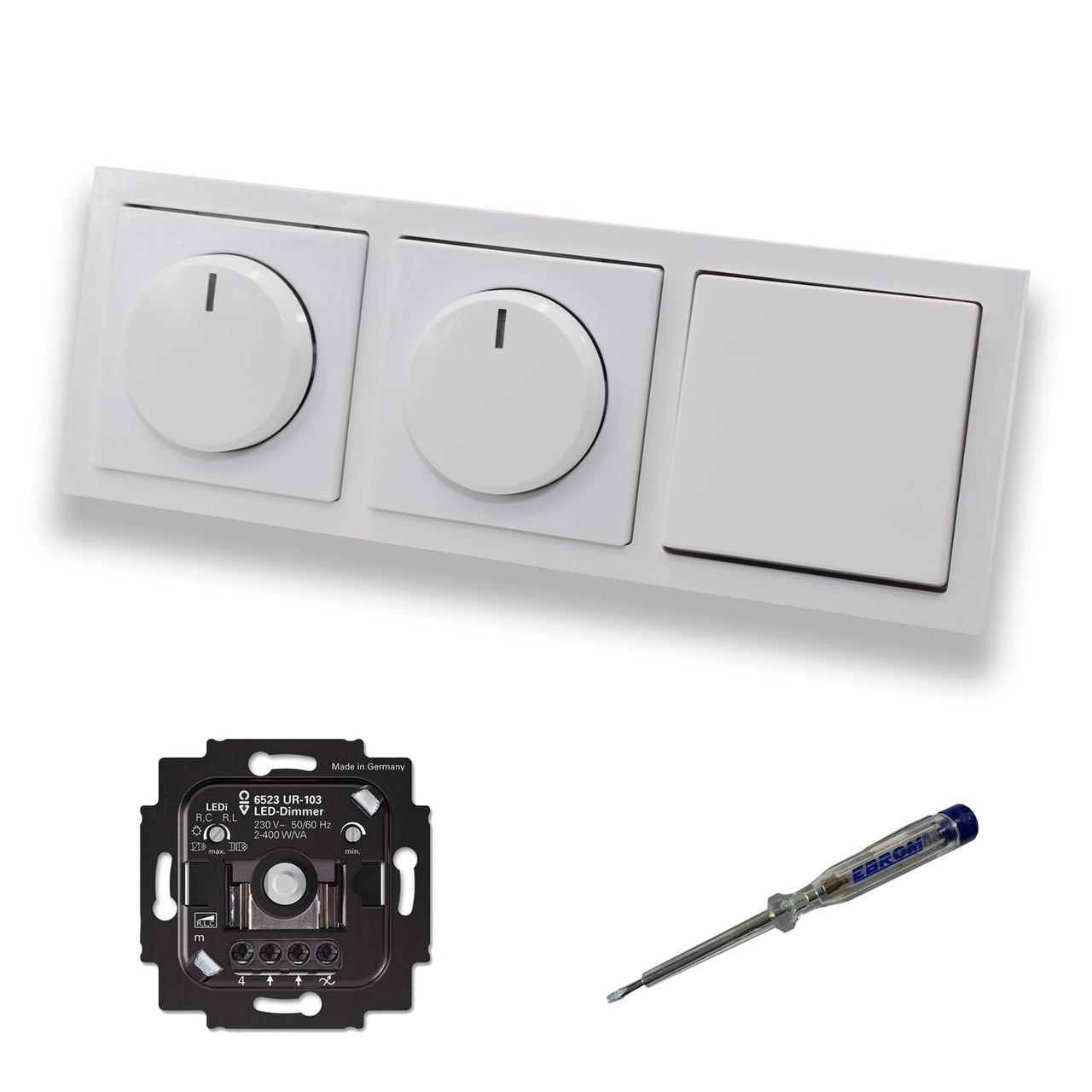 Busch Jäger 6523UR-103 (2 x) LED Drehdimmer Dimmer + Dimmerscheiben 6540-84-102 und Lichtschalter 2000/6 US in Future Linear Studioweiß glänzend inklusive EBROM Phasenprüfer zur Montage der Geräte
